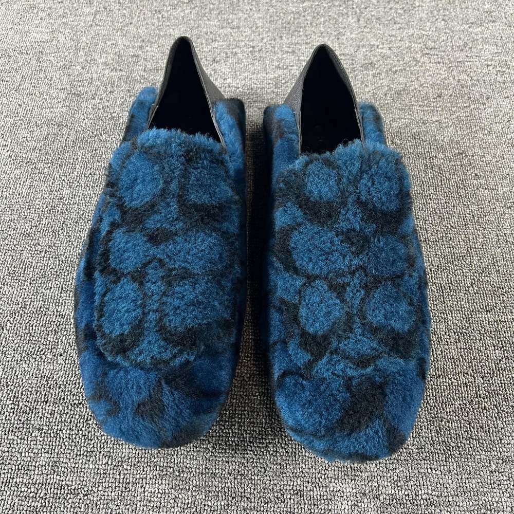 Coach Shoes Mens 11 Blue Shearling Logo Fur Slip On Loafers Leather Sole G4576 - Picture 1 of 11